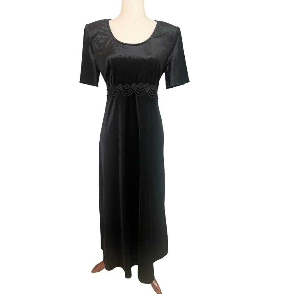 Vintage Velvet Dress Sz 8 Black Lace Maxi 90s Gothic Witchy Long Dark Romantic